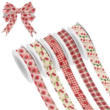 Imagem de SEHANY 5 rolos de fita de Natal 0,59 polegadas 5 jardas fitas de tecido cereja xadrez vermelho festival fitas decorativas de Natal para embrulho de presente DIY artesanato grinalda decoração de férias