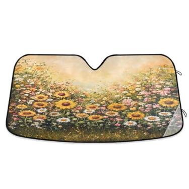 Imagem de ATTX Para-sol caprichoso jardim girassóis carro pára-brisa 139.7 cm x 70.1 cm protetor solar universal com proteção UV, persiana de janela frontal automática dobrável para Sedans SUVs caminhões #663