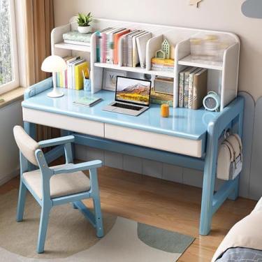 Imagem de Mesa infantil com estante, conjunto de mesa e cadeira infantil ajustável para crianças de 8 a 12 anos, mesa de estudante com prateleiras, gaveta e ganchos, mesa grande azul de 80 cm