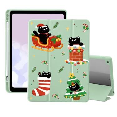 Imagem de Linda capa de Natal de gato preto para iPad (A16) 11ª geração 2025 11 polegadas/iPad 10ª geração 2022 10,9 polegadas com suporte para lápis com três dobras, capa feminina de couro verde, capa traseira