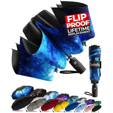 Imagem de TUMELLA Guarda-chuva de viagem invertido à prova de flip, pequeno, forte, mas leve, portátil e automático, guarda-chuva dobrável reverso, aderência premium durável, serve para carro e mochila, C