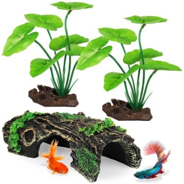 Imagem de MyLifeUNIT Decoração de aquário de peixes, plantas de aquário de seda artificial e decoração de tronco de árvore oca para acessórios de aquário Betta, peixes dourados, decoração de plantas de répteis