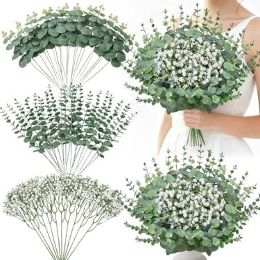 Imagem de Serwalin 50 peças, 3 tipos de hastes mistas de eucalipto, flores artificiais de hálito de bebê a granel com folhas de vegetação sintética para buquês faça-você-mesmo, arranjos florais de casamento