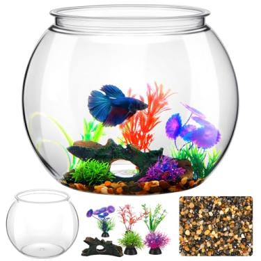 Imagem de Yiyiring Tigela de peixe Betta de plástico de 3 galões com 6 peças de plantas de plástico artificial e cascalho decorativo de 500 g, aquário de peixes Betta e acessórios de decoração, kit inicial de