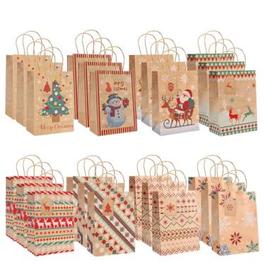 Imagem de Lednica Sacos de presente de papel Kraft de Natal – Pacote com 24 com Papai Noel, rena e boneco de neve, bolsas portáteis e reutilizáveis para festas de fim de ano, reuniões de família e presentes
