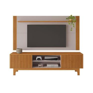 Imagem de Painel com Rack Conjunto Trunfo Ripado Portas de Correr Pés MDF Usinad