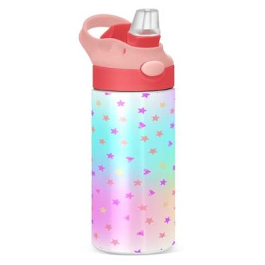 Imagem de CEBUGI Garrafas de água de fundo gradiente colorido à prova de vazamento garrafa de água infantil com canudo Garrafa de água isolada a vácuo de aço inoxidável para meninos e meninas