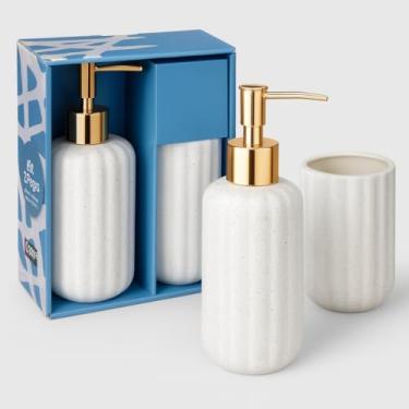 Imagem de Kit Acessórios Lavabo 2 Peças Plástico Inox Branco 300 ml – Saboneteira + Porta-Escovas Para Banheiro E Cozinha