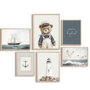 Imagem de Ursinho de pelúcia arte de parede para quarto de bebês meninos pôster vintage decoração de parede quarto infantil impressões costeiras imagens de urso marinheiro marinho pintura náutica de veleiro