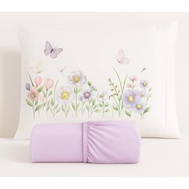 Imagem de Kit Jogo de Lençol Micropercal 400 Fios Ponto Palito Fronha Estampada(Borboleta - Lençol Lilás,Casal King 03 Peças)