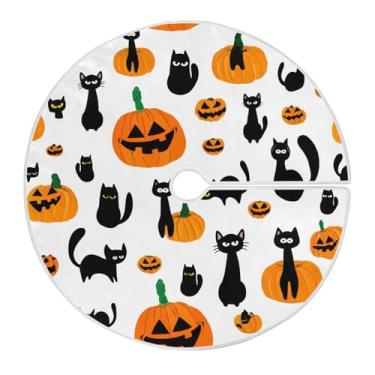 Imagem de Qilmy Saia de árvore de Natal desenhada à mão para gatos de Halloween, tapete de cobertura de base de árvore redondo de 128 cm, ornamentos festivos de Natal para decoração de festas de inverno em casa