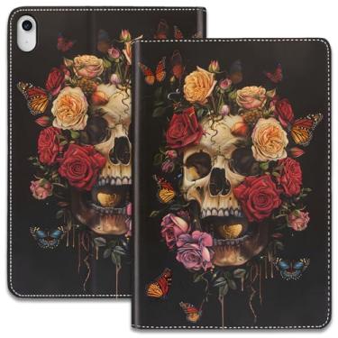 Imagem de Capa para iPad (A16) 11ª geração 11 polegadas 2025/iPad 10ª geração 10,9 polegadas 2022, suporte ajustável, auto despertar/hibernar, capa inteligente - borboletas, rosas e caveira