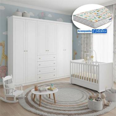 Imagem de Berço Tutto New Com Guarda Roupa Americano Ambiente 6 Portas Branco Fosco E Colchão Gazin - Matic