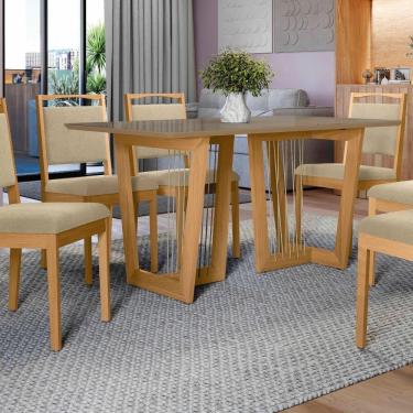 Imagem de Conjunto Sala De Jantar Lina Em Madeira Maciça 6 Cadeiras Boucle Bege