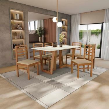 Imagem de Conjunto Sala De Jantar Elisa Em Madeira Maciça 6 Cadeiras Boucle Bege