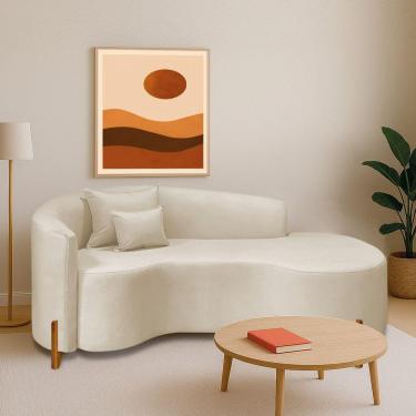 Imagem de Divã Recamier Curvo Sala De Estar Recepção Inglaterra 180cm Pés Madeira Lado Direito Bouclé Bege