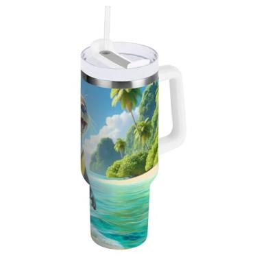 Imagem de Copo grande de aço inoxidável com alça e tampa de canudo para viagem