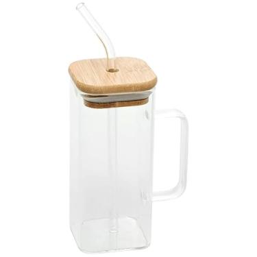 Imagem de Caneca de Vidro com Tampa de Bambu Copo para Drink e Canudo 380ml