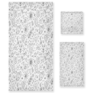 Imagem de Wassud Conjunto de 3 toalhas de banho de arte de linha Valentines Hearts, toalhas super macias e absorventes para banheiro, toalhas de banho de secagem rápida, toalha de banho para academia, spa