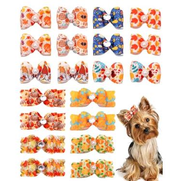 Imagem de PET SHOW Pacote com 20 laços de cabelo de outono para cães pequenos com faixas de borracha, filhotes, cachorrinhos, gatos, outono, laço para meninos e meninas, Yorkie da Pomerânia, poodle, maltês