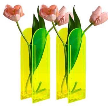 Imagem de Vaso de acrílico de cristal, 2 peças, vaso de flores com design moderno, vaso de acrílico para centro de mesa de casamento, elegante vaso floral para mesa de sala de estar, escritório (amarelo