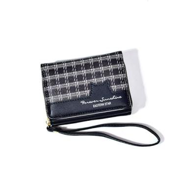 Imagem de Carteira feminina de couro genuíno com dobra dupla/tripla - Suporte minimalista para cartão de crédito com bloqueio de RFID e bolso para moedas, Preto, Casual