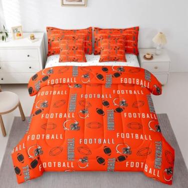 Imagem de jejeloiu Jogo de edredom de futebol americano com lençol de solteiro, Cleveland, para decoração de quarto de meninos e meninas e adolescentes, 7 peças, laranja, preto, respirável, macio