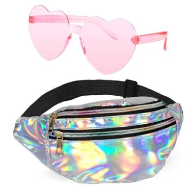 Imagem de Pochetes holográficas para mulheres e homens, óculos de sol de coração, pochete dos anos 80 e 90, pochetes transversais para mulheres, prata, rosa, 32 x 14.5 x 9 cm / 12.6 x 5.7 x 3.5 inches