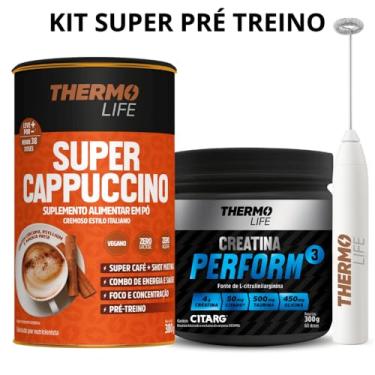 Imagem de Kit Super Pré Treino Thermo Life - Super Cappuccino 380g + Creatina Perform 300g + Mixer usb