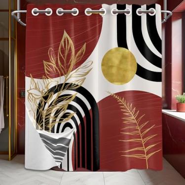 Imagem de Bxpaitx Cortina de chuveiro preta e vermelha Boho sem gancho com conjunto de forro de encaixe, bordô, vermelho escuro, meados do século, cortinas de chuveiro para banheiro, forro com ímãs, tecido