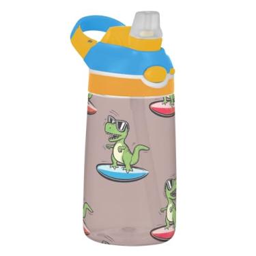 Imagem de Garrafa de água marrom Cartoonish Rex Surfboard para crianças 473 ml Tritan garrafa de água de plástico portátil com tampa de canudo 473 ml copo infantil à prova de vazamento reutilizável, alça de