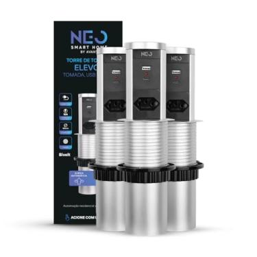 Imagem de Avant Neo Kit 5 Torre de Tomada Embutir Retrátil (Elevor) com Porta Tipo C, 1 Tomada Flex 10A/20A, Bivolt para Bancada de Cozinha e Escritório (5, Cinza, 3 Tomadas 10A/20A USB e USB-C)