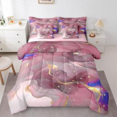 Imagem de Erosebridal Jogo de cama queen com estampa de mármore, moderno, rosa, dourado, para crianças, meninos, meninas, moderno, rosa, abstrato, com edredom