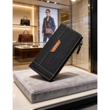 Imagem de Carteira masculina com zíper lateral, bolsa de couro com vários compartimentos para cartões e grande capacidade, organizador casual com bloqueio de RFID para transporte diário e viagens (preto)