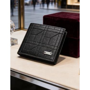 Imagem de Carteira masculina dobrável de couro, bolso essencial dobrável (preta)