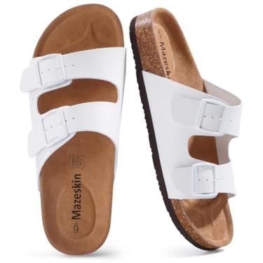 Imagem de mazeskin Sandálias femininas ortopédicas de couro genuíno com suporte de arco, sapatos de verão de alça dupla com fivela ajustável e palmilha ortopédica confortável, Branco, 36