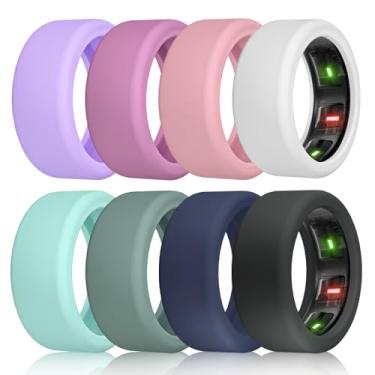 Imagem de NewJourney Pacote com 8 capas compatíveis com Oura Ring Gen 4/3, UltraHuman Ring AIR, protetor de silicone elástico antiarranhões para malhar (M, violeta/roxo/rosa/branco/azul-petróleo/verde/azul