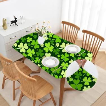 Imagem de Toalha de mesa oval de folha verde para dia de São Patrício, 122 x 182 cm, toalha de mesa elástica, lavável, antiderrapante, elastano, cozinha, jantar, sem rugas, design de trevo da sorte para