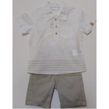 Imagem de Conjunto Menino Camisa Estampada Bermuda Sarja Paraiso 15566, Bege, 1 