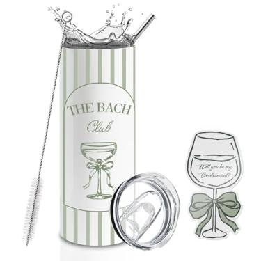 Imagem de BUZCOZY Cartão de pedido de dama de honra e conjunto de copo de 590 ml, copo isolado para despedida de solteira The Bach Club com canudo e tampa, presente Will You Be My Bridesmaid para chá de panela