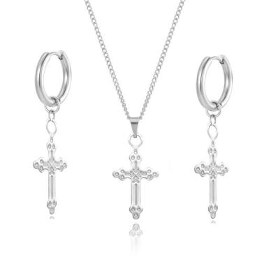 Imagem de kit Colar Feminino Brinco Argola não escurece em aço inox prata mini c