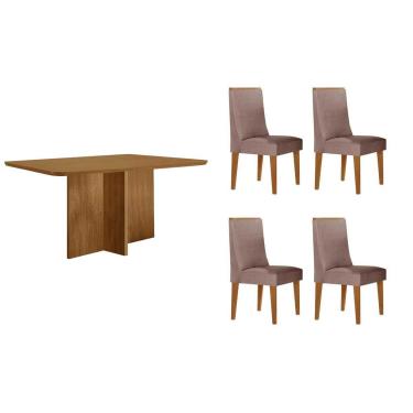 Imagem de Sala Jantar Mesa Berlim Tampo Curvo 120cm+4 Cadeiras Dakota Madeira Naturale - Capuccino/Linho Capuccino - Rufato