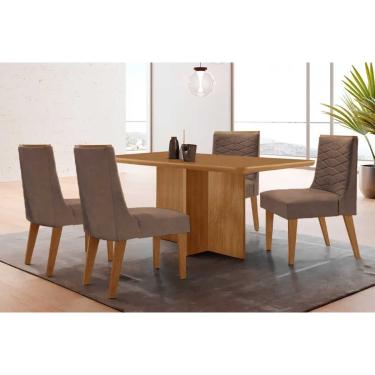 Imagem de Sala Jantar Mesa Berlim Tampo Curvo 120cm+4 Cadeiras Maldivas Madeira Naturale - Capuccino/Corano Capuccino - Rufato