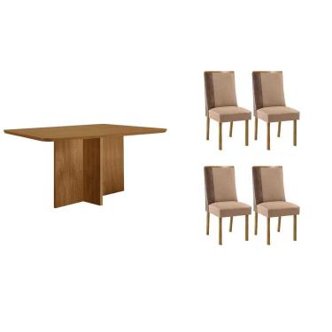 Imagem de Sala Jantar Mesa Berlim Tampo Curvo 120cm+4 Cadeiras Tilia Madeira Naturale - Capuccino/Linho Capuccino - Rufato