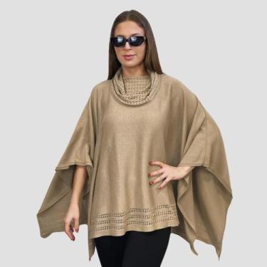 Imagem de Poncho Feminino Tricot Mousse Liso Gola Alta Casaco Inverno - EXPOSIÇÃ