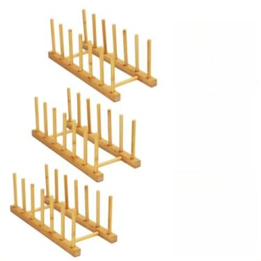 Imagem de Kit 3 Suportes Escorredores Organizadores de Bambu Porta Pratos Tampas e Copos Bancada Divisórias Ecológico (6 pratos 1 UN)