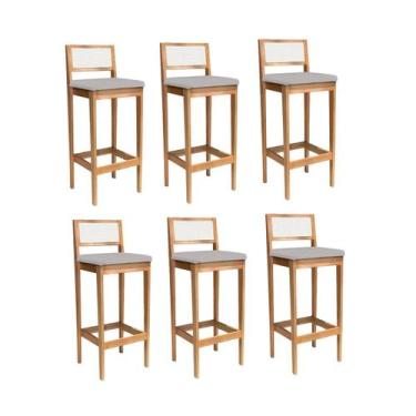 Imagem de Kit 6 Banquetas Estofada em Linho Encosto Palhinha Bruna - Ismalu, mel