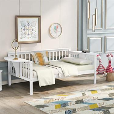 Imagem de pcagfaajmh Sofá-cama Luxuosa Sofá-cama 2 mesas pequenas e 8 suporte de ripas de madeira, sem necessidade de mola box para quarto de adultos sala de estar (branco, casal) (solteiro branco)