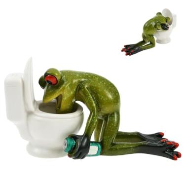 Imagem de Tcwhniev Decoração de estatueta de sapo, estátua engraçada de escultura de sapo de resina, sapo na frente do vaso sanitário, decoração de mesa à prova d'água, enfeite de mesa de resina para quarto