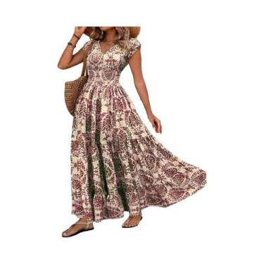 Imagem de Vestido Longo Casual A-Line Com Estampa Floral Boêmia, Decote Em V, Ma
